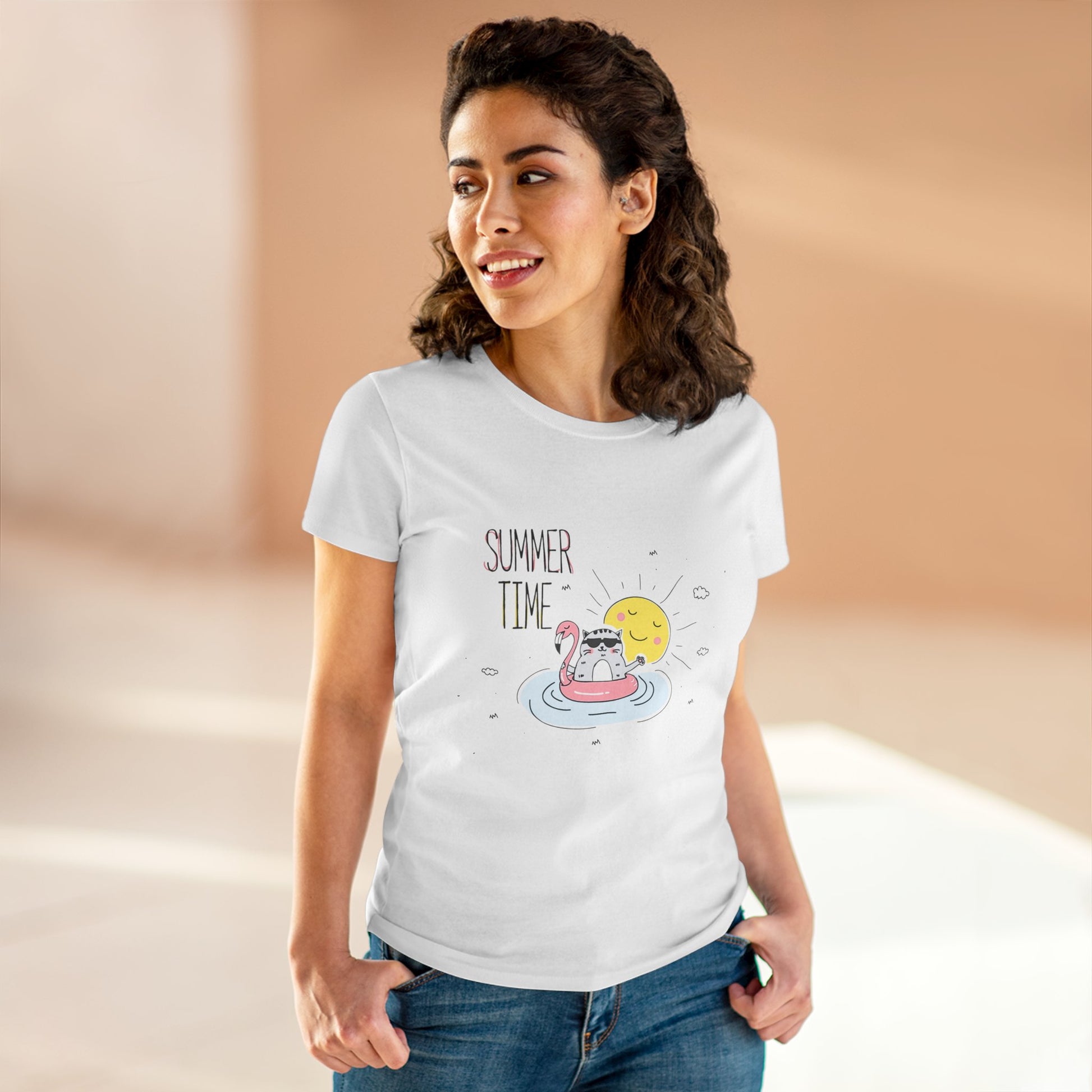 White Printify T-shirt featuring a summertime cat tee design with a cat on a pool float under the sun