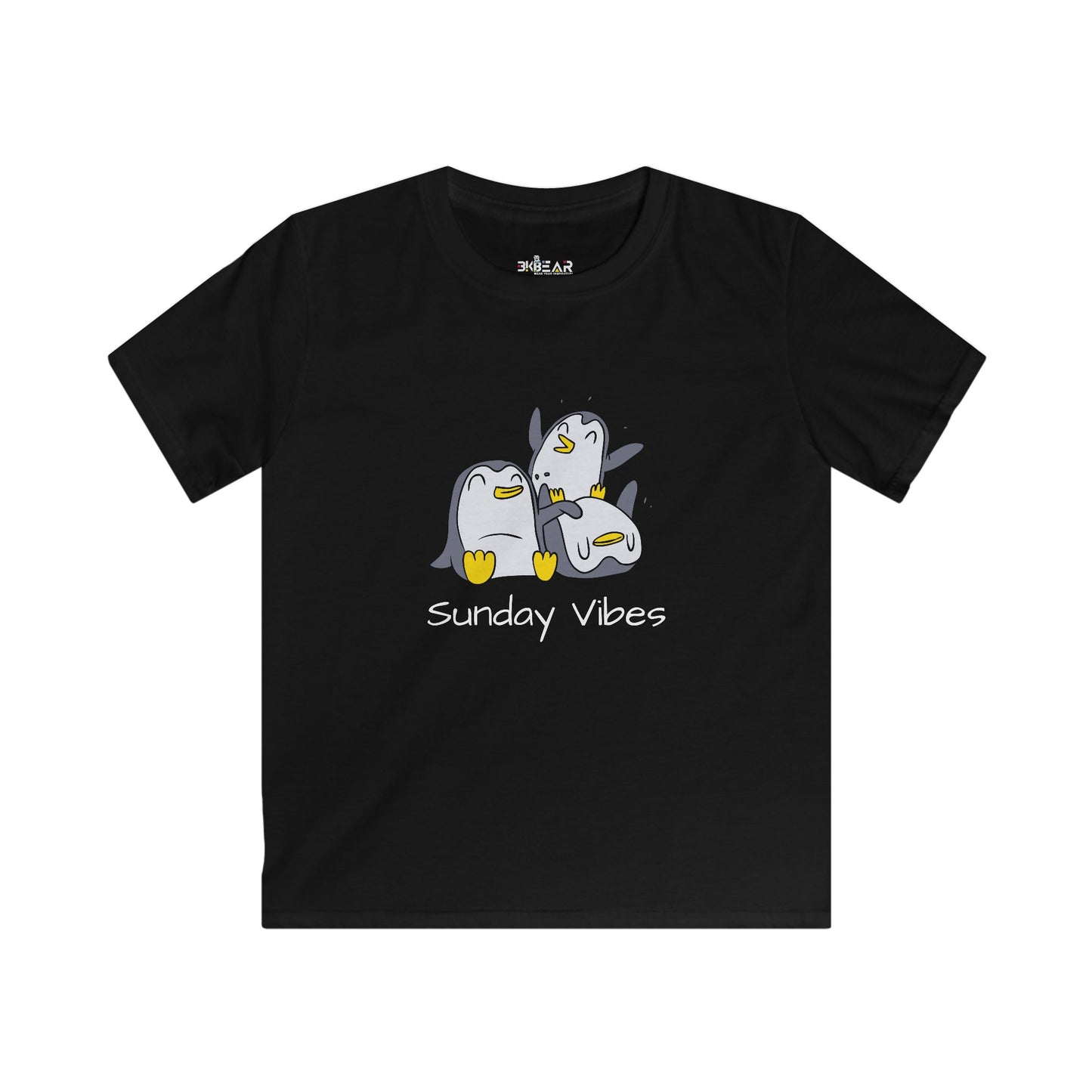 Black kids t-shirt with playful penguin design and Sunday vibes kids shirt text