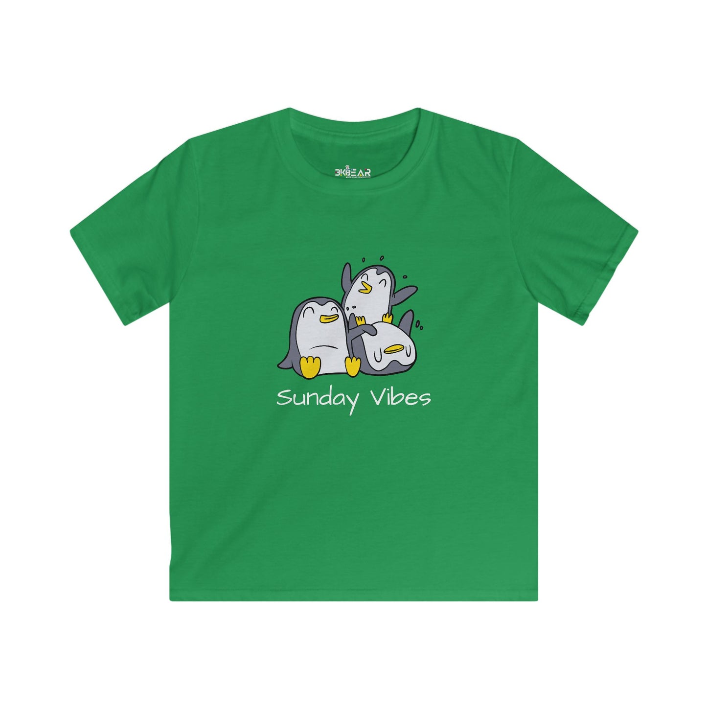 Green kids shirt with playful penguin design and sunday vibes kids shirt text from Printify