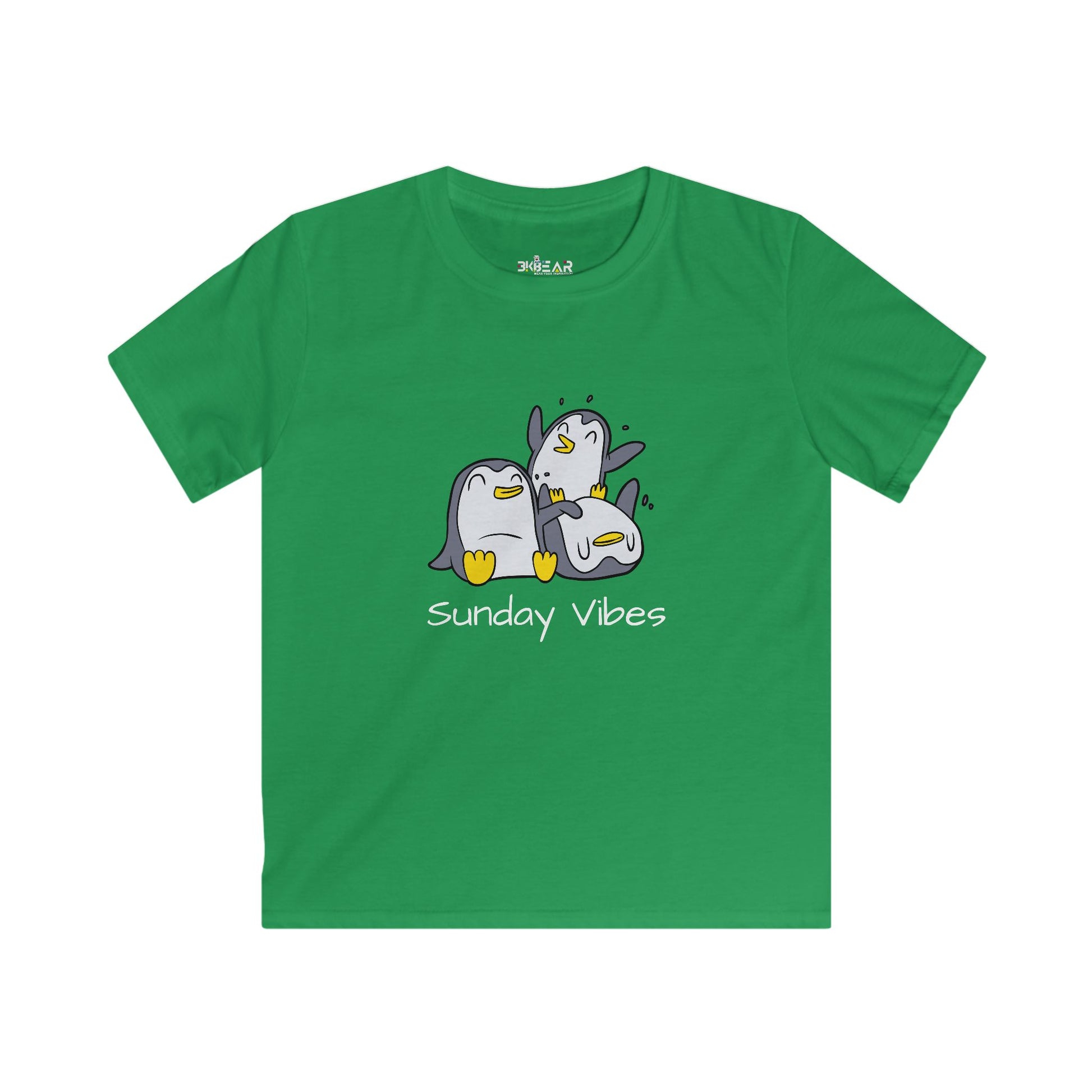 Green kids shirt with playful penguin design and sunday vibes kids shirt text from Printify