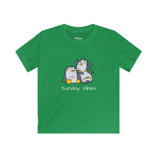 Green kids shirt with playful penguin design and sunday vibes kids shirt text from Printify