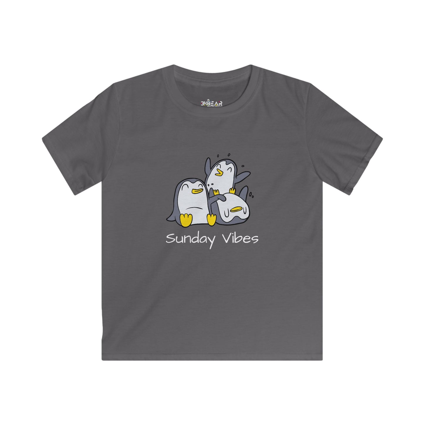 Printify kids shirt in gray with cute cartoon penguins and Sunday Vibes kids shirt text