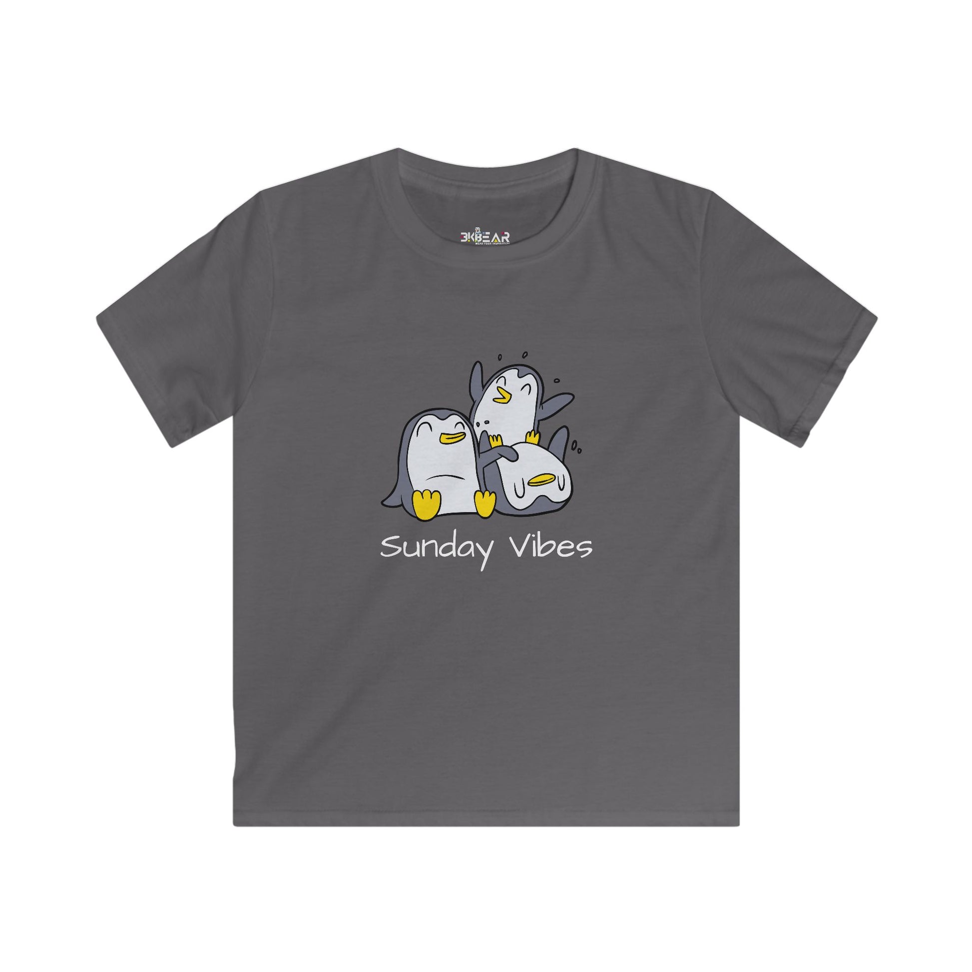 Printify kids shirt in gray with cute cartoon penguins and Sunday Vibes kids shirt text