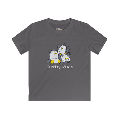 Printify kids shirt in gray with cute cartoon penguins and Sunday Vibes kids shirt text