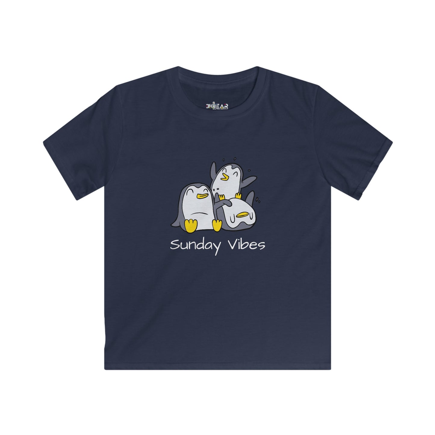 Printify navy kids shirt with playful penguin design and sunday vibes kids shirt text