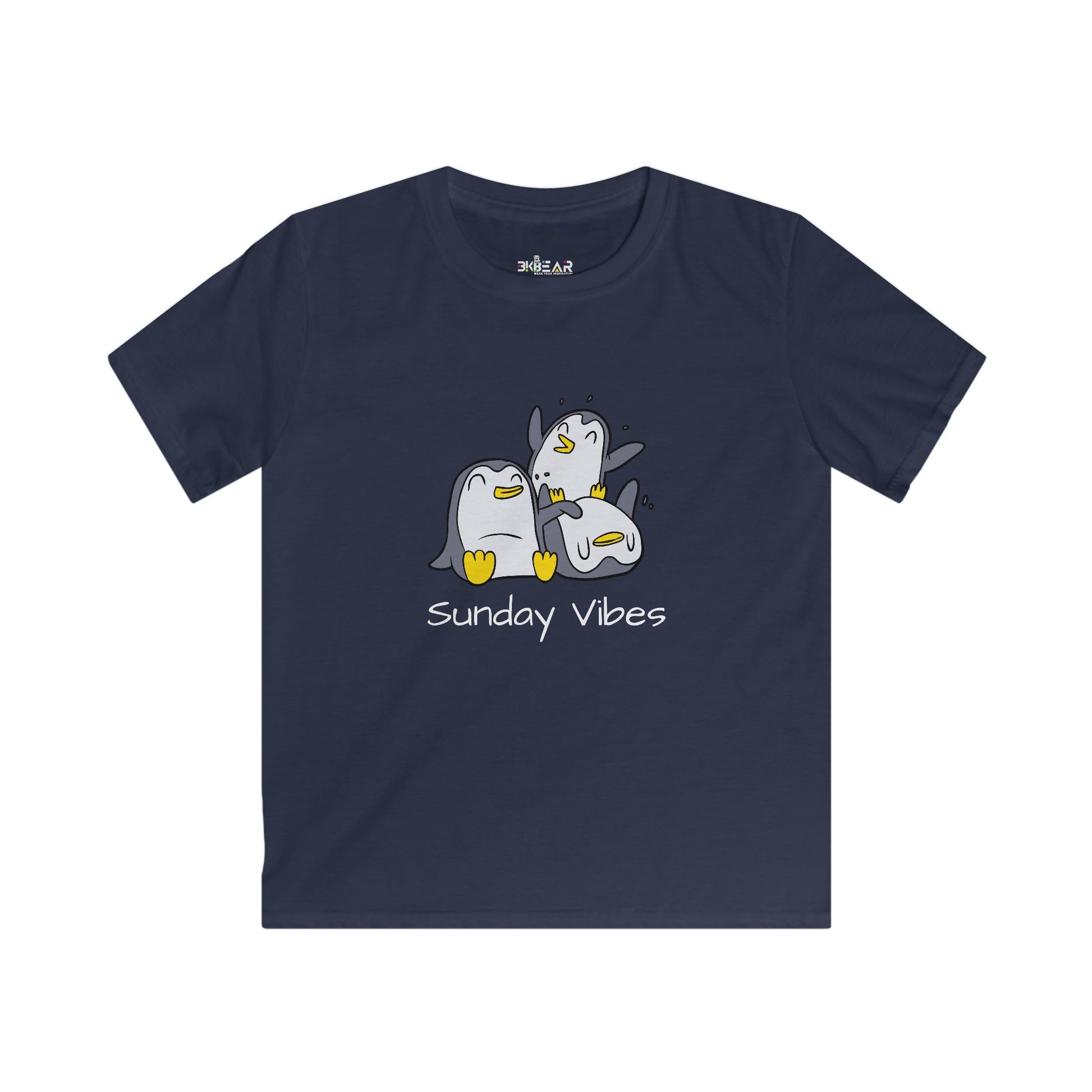 Printify navy kids shirt with playful penguin design and sunday vibes kids shirt text