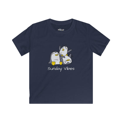 Printify navy kids shirt with playful penguin design and sunday vibes kids shirt text