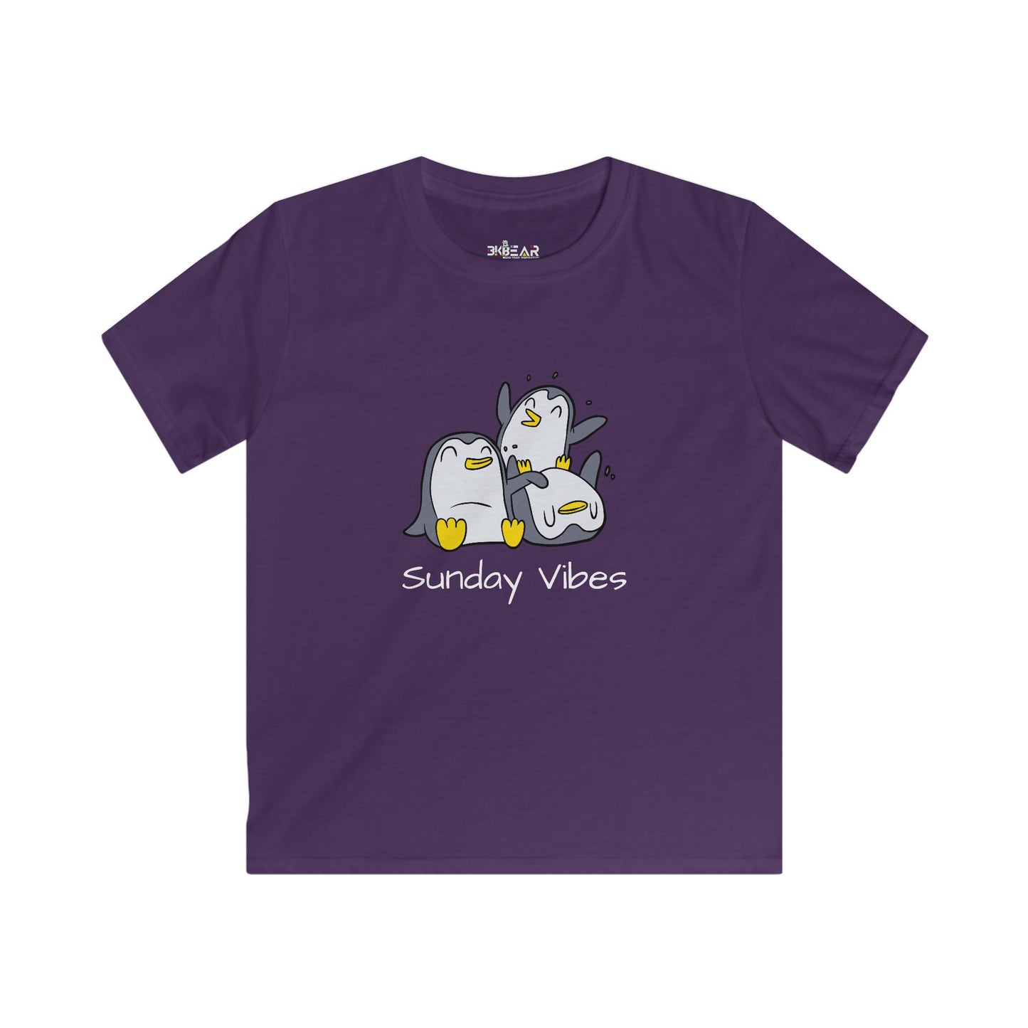 Purple kids t-shirt by Printify with playful penguins and sunday vibes kids shirt text