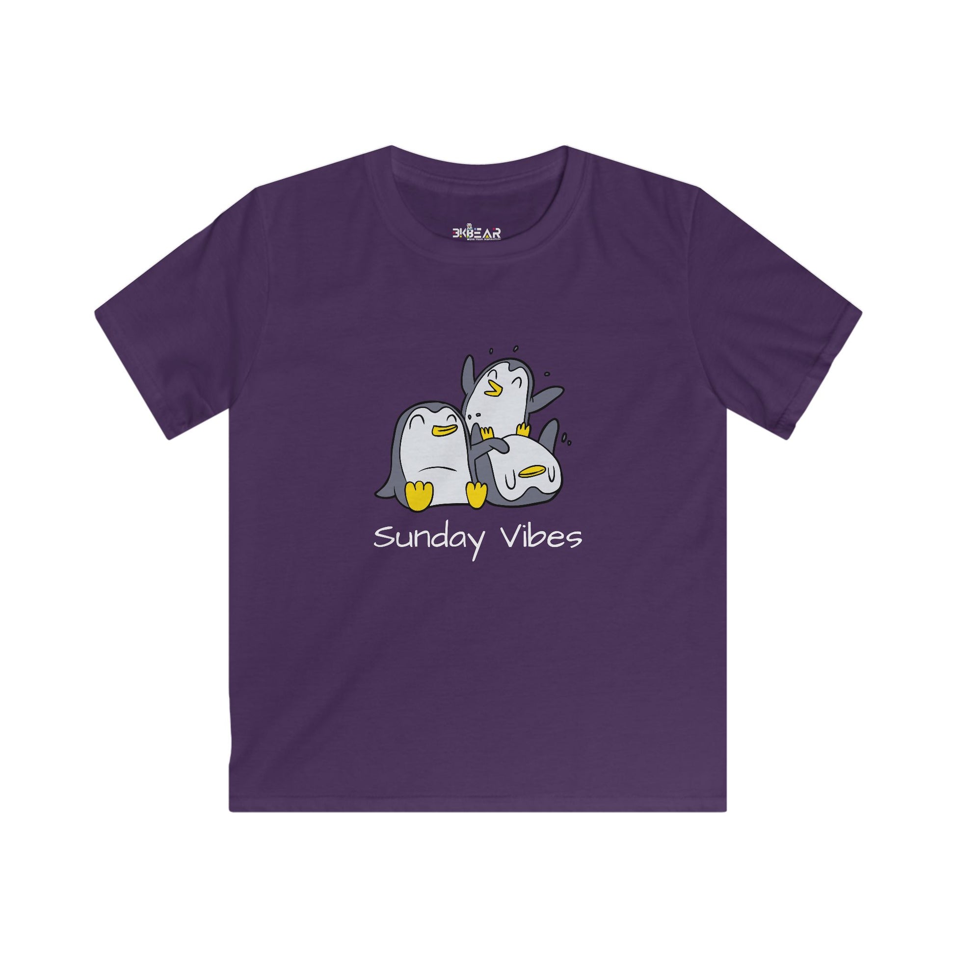Purple kids t-shirt by Printify with playful penguins and sunday vibes kids shirt text