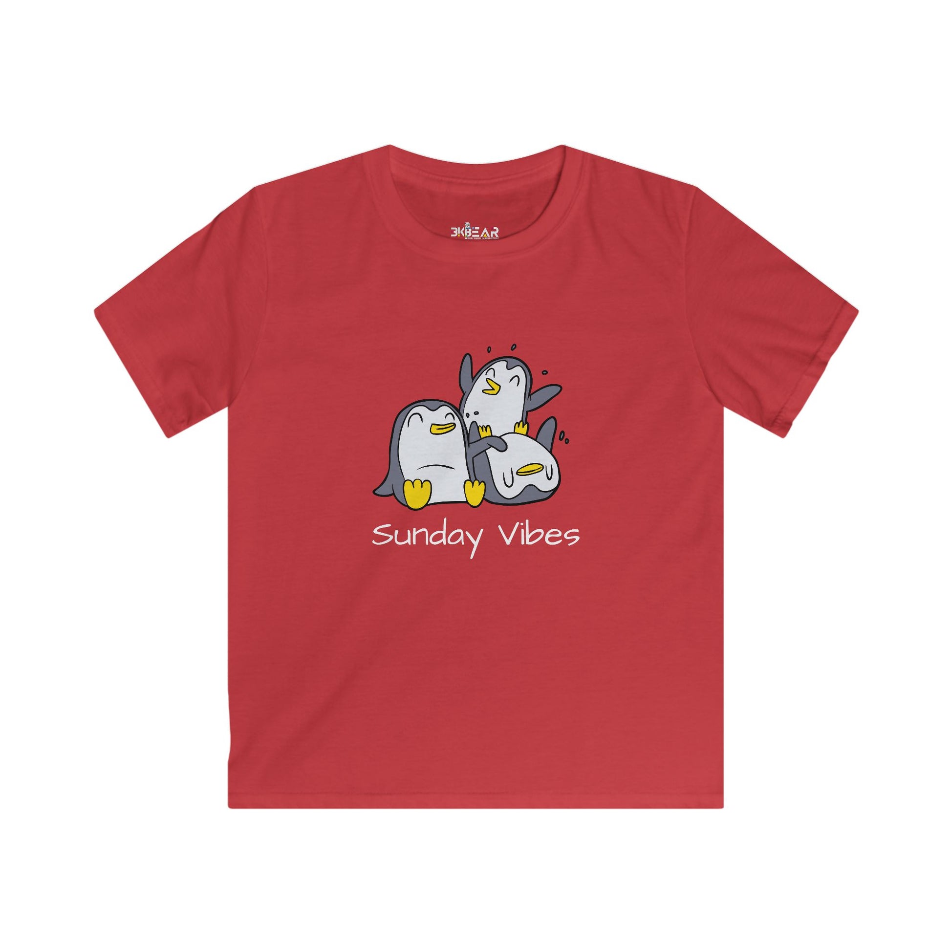 Red kids shirt with playful penguin design and Sunday vibes kids shirt text by Printify