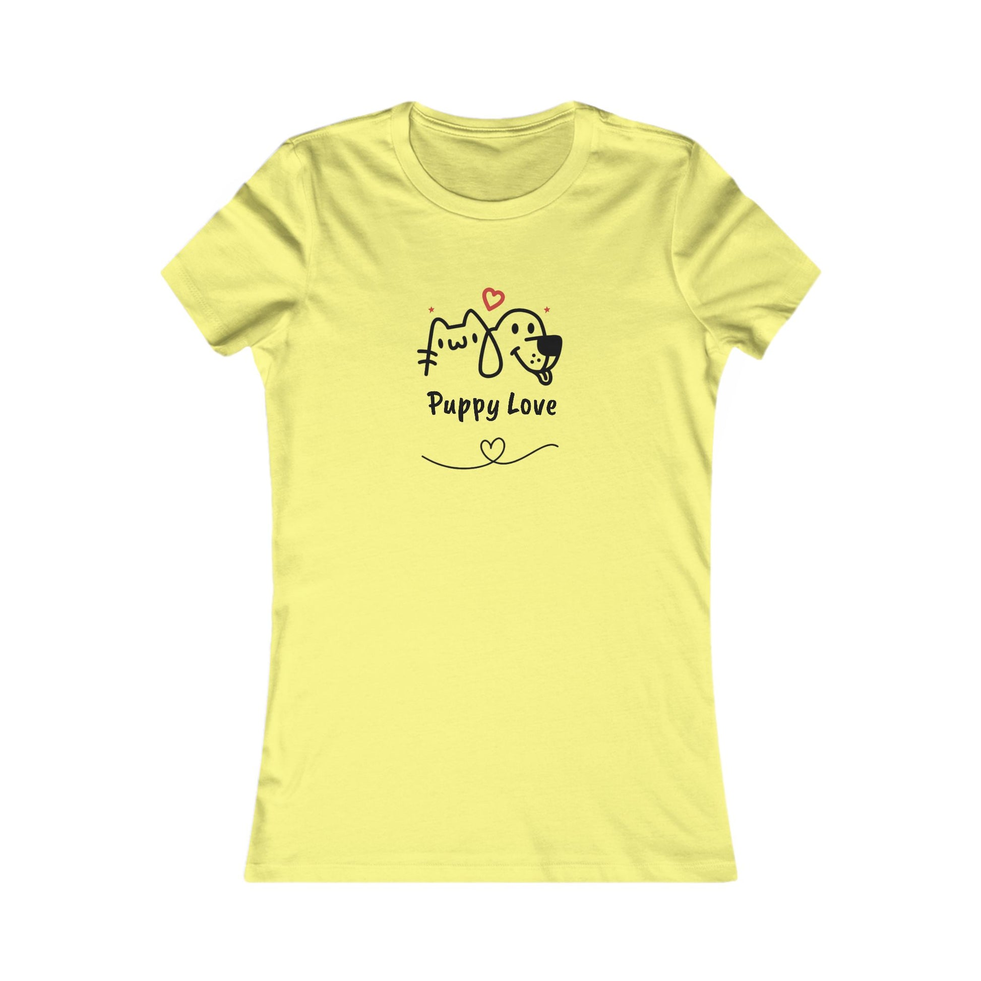 Yellow Printify women t-shirt with sweet puppy tee women design featuring dog and cat illustration with Puppy Love text