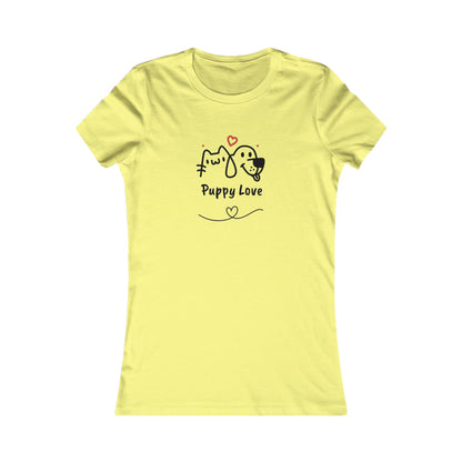 Yellow Printify women t-shirt with sweet puppy tee women design featuring dog and cat illustration with Puppy Love text
