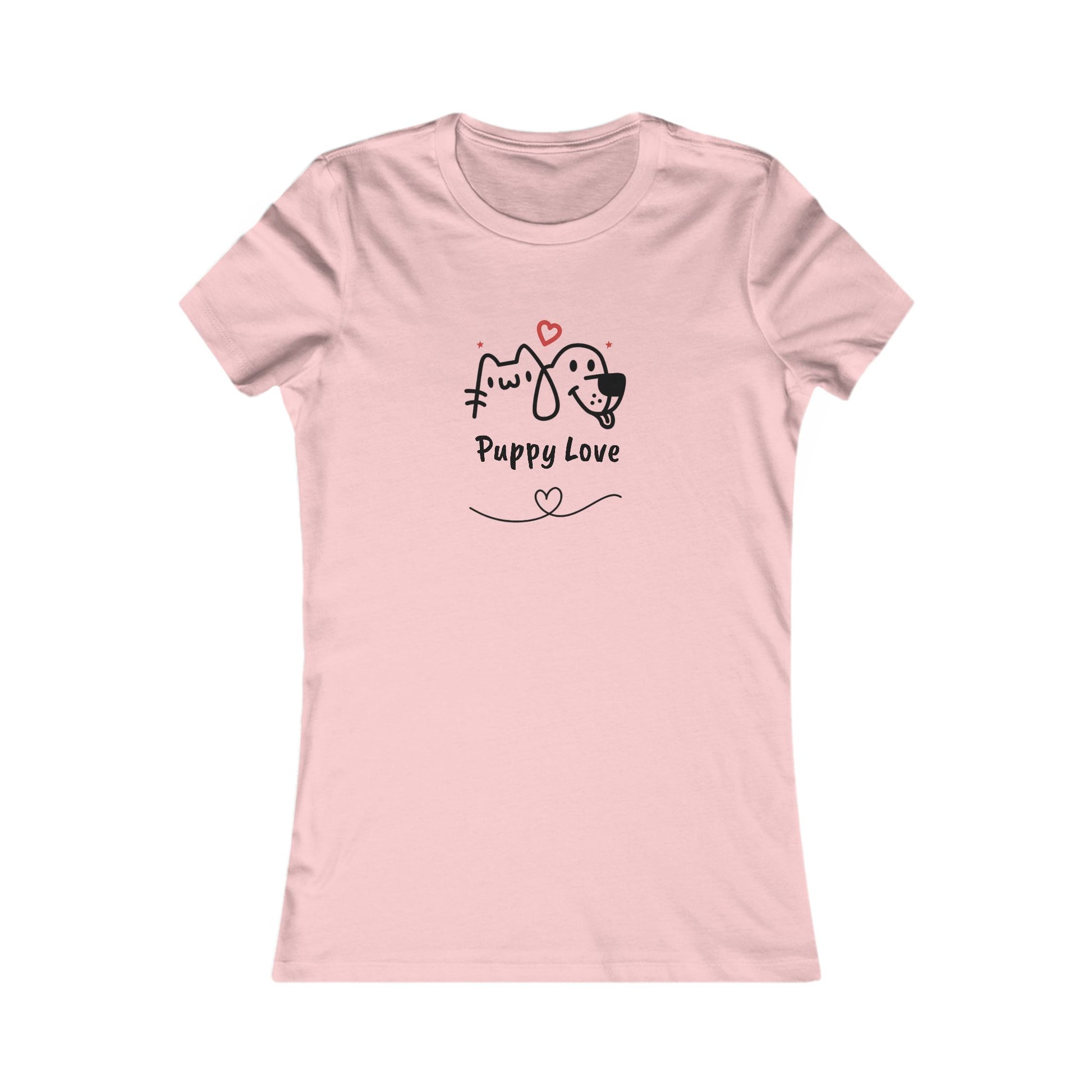 Pink sweet puppy tee women with Puppy Love graphic featuring cartoon dog and cat print