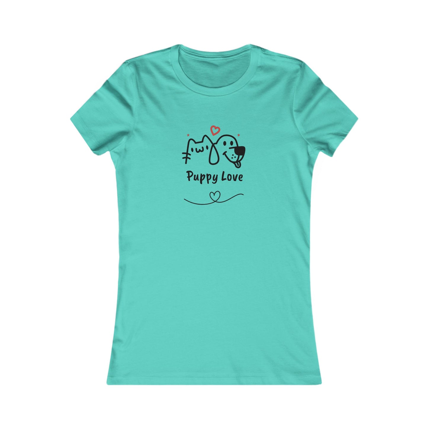 Printify sweet puppy tee women turquoise shirt with cute puppy and cat design and Puppy Love text