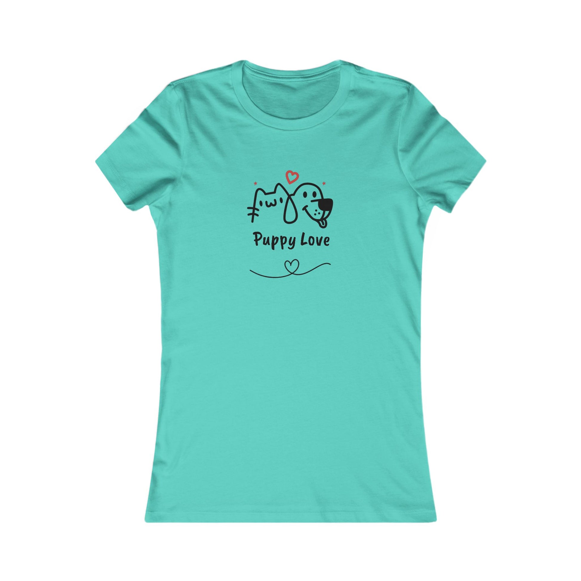 Printify sweet puppy tee women turquoise shirt with cute puppy and cat design and Puppy Love text