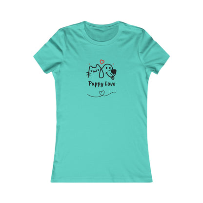 Printify sweet puppy tee women turquoise shirt with cute puppy and cat design and Puppy Love text