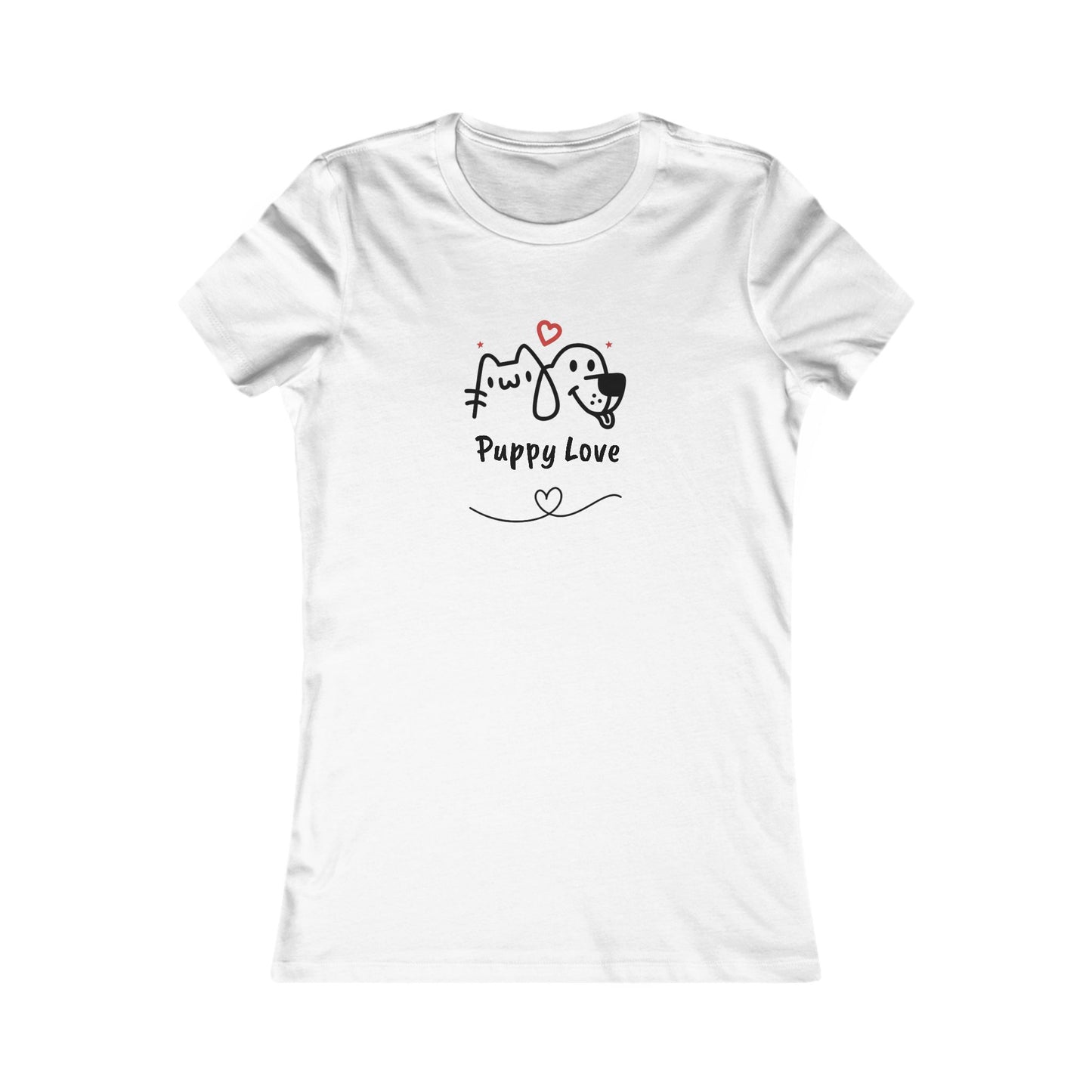 Printify white sweet puppy tee women with cute puppy and cat illustration and Puppy Love text
