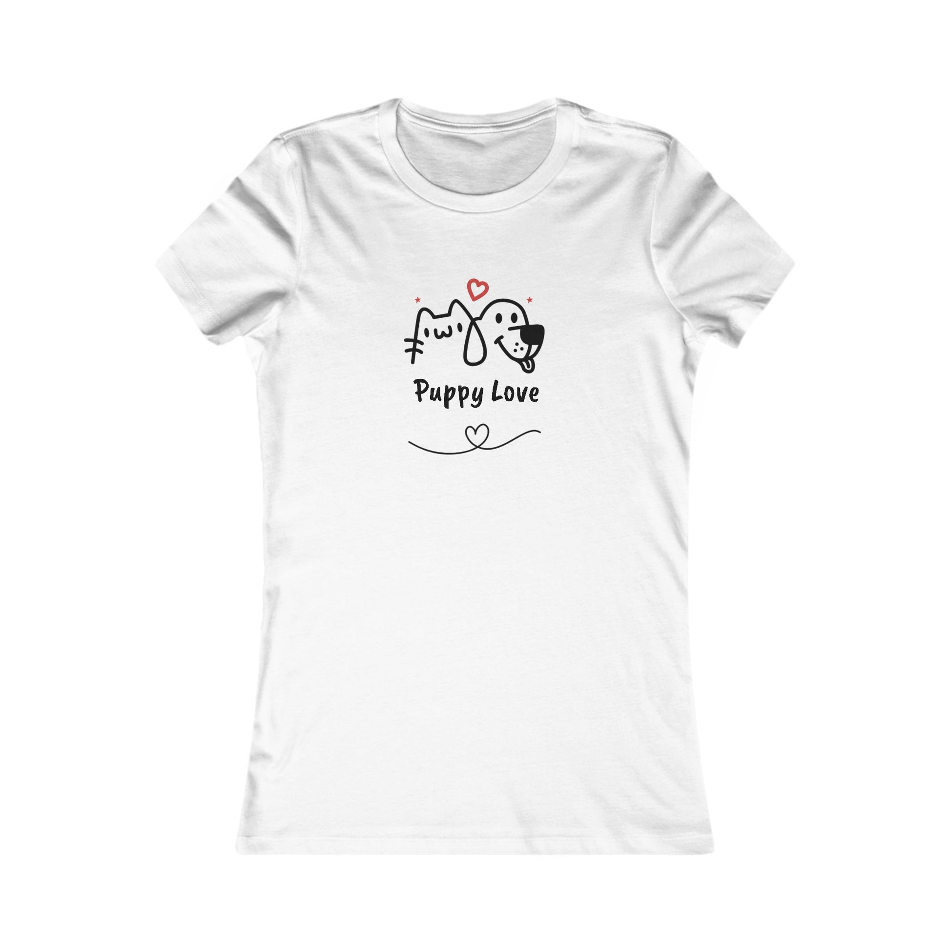 Printify white sweet puppy tee women with cute puppy and cat illustration and Puppy Love text