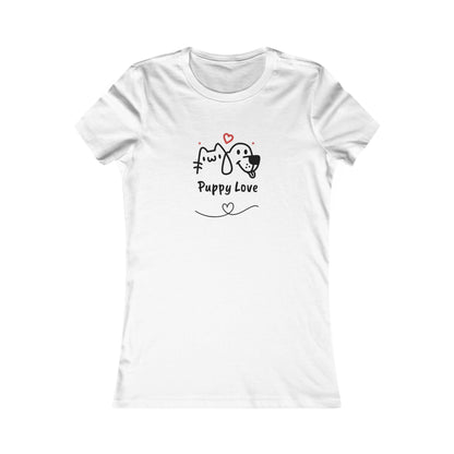 Printify white sweet puppy tee women with cute puppy and cat illustration and Puppy Love text