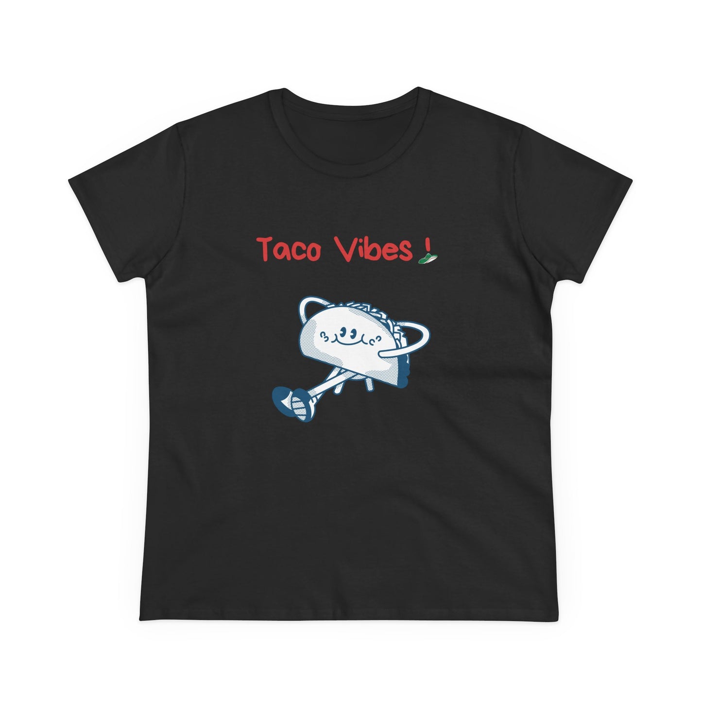 Black Printify taco graphic tee with taco character and red Taco Vibes text