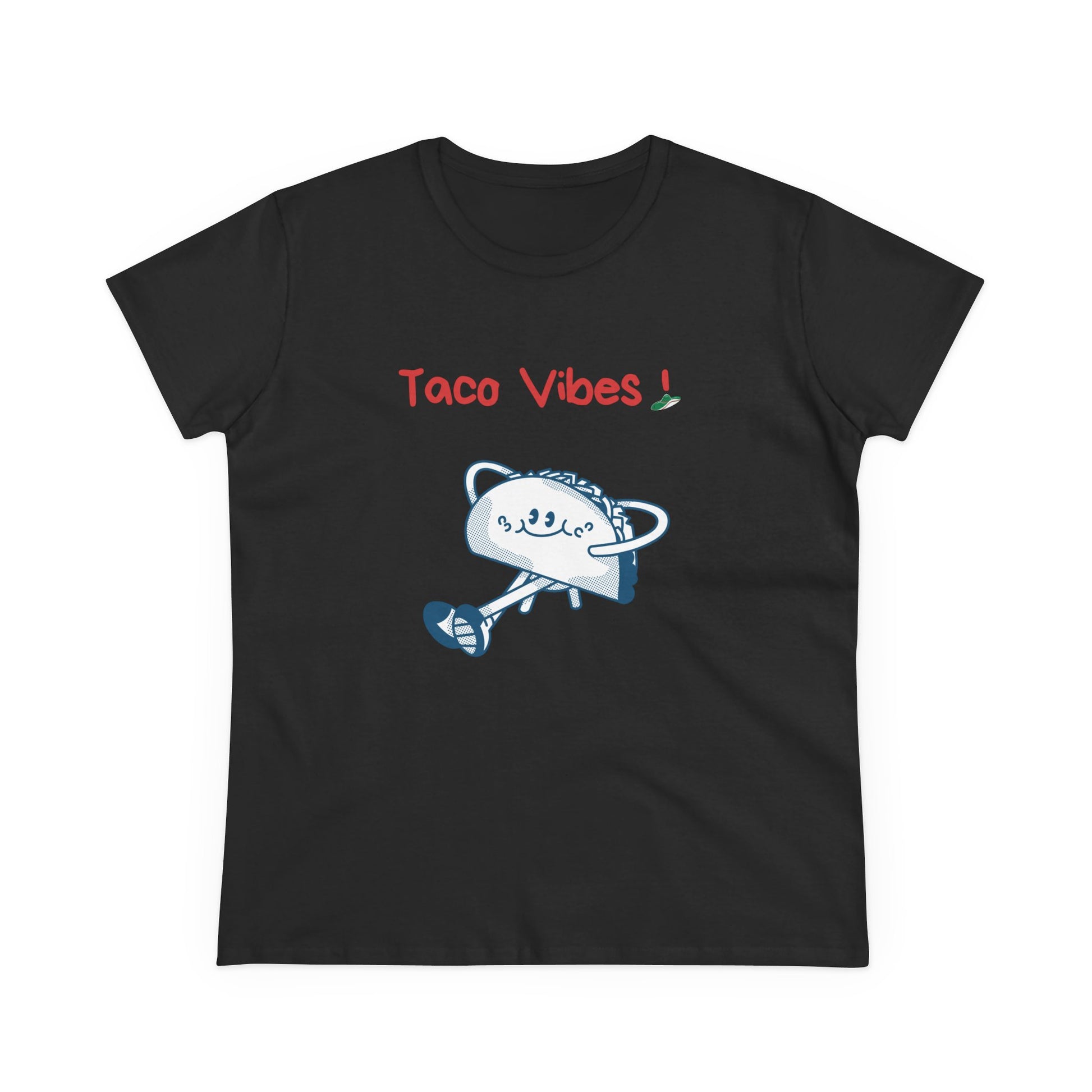 Black Printify taco graphic tee with taco character and red Taco Vibes text
