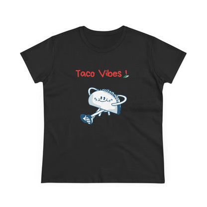 Black Printify taco graphic tee with taco character and red Taco Vibes text