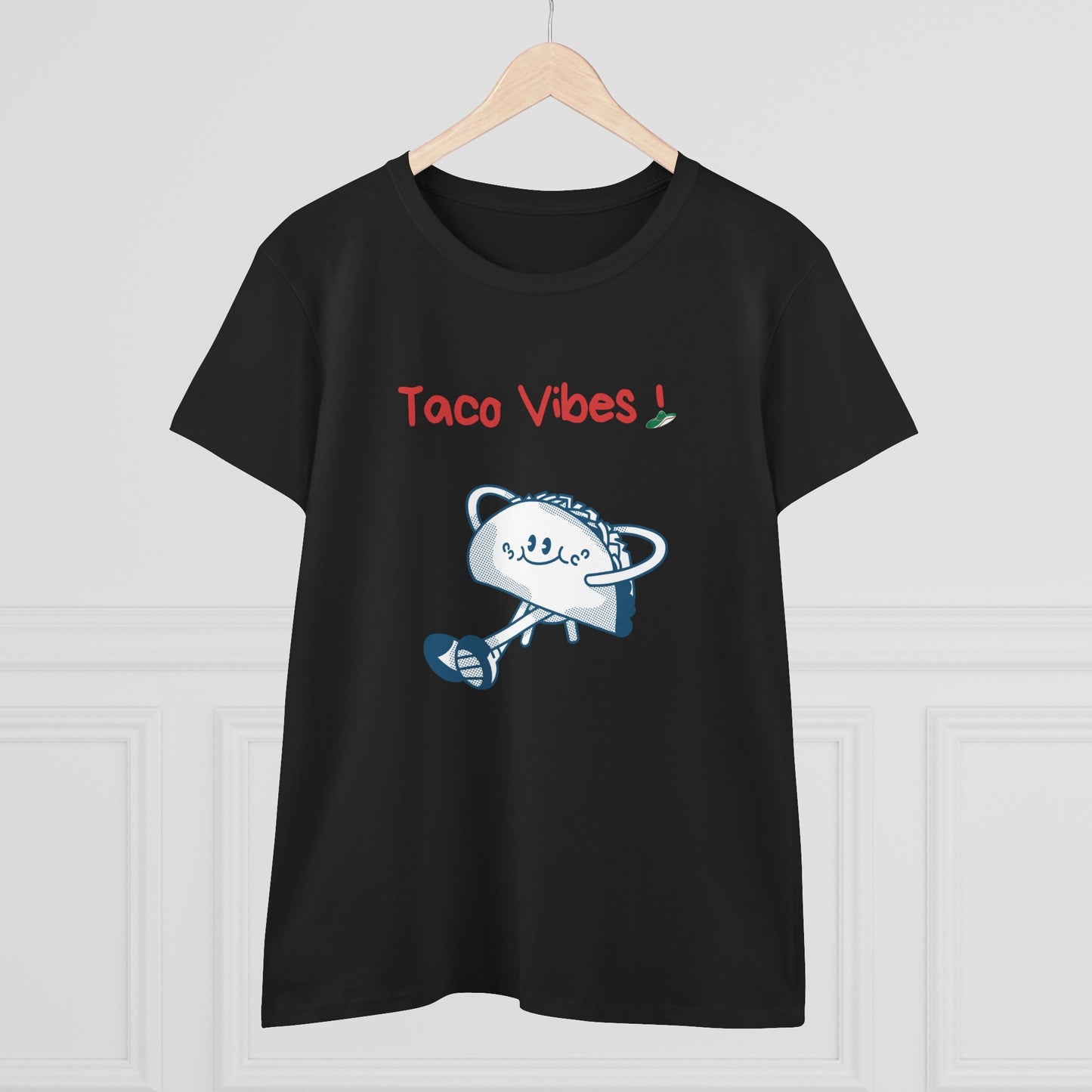 Black Printify taco graphic tee with cartoon taco and Taco Vibes text design