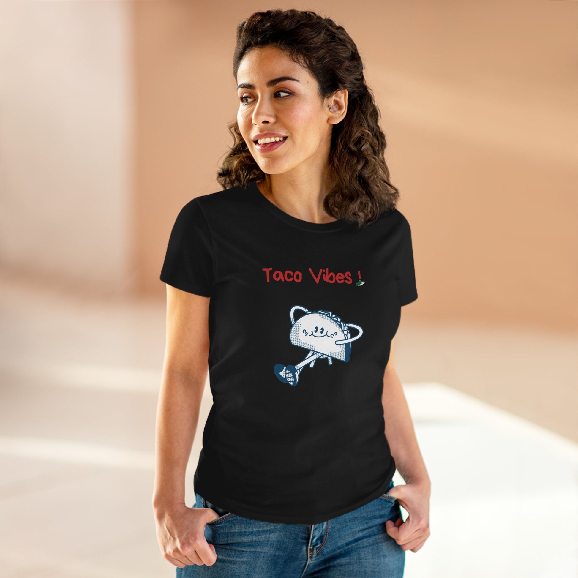 Black taco graphic tee from Printify featuring a cute taco design with Taco Vibes text