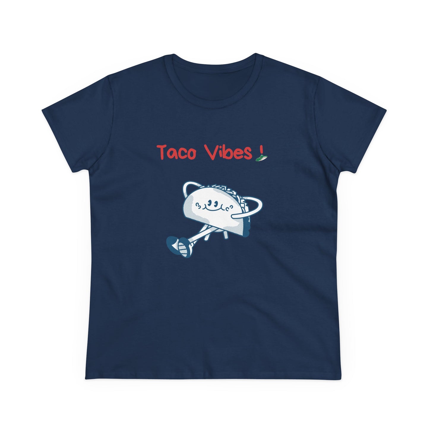 Navy blue taco graphic tee with taco vibes text and dancing taco illustration by Printify