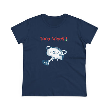 Navy blue taco graphic tee with taco vibes text and dancing taco illustration by Printify