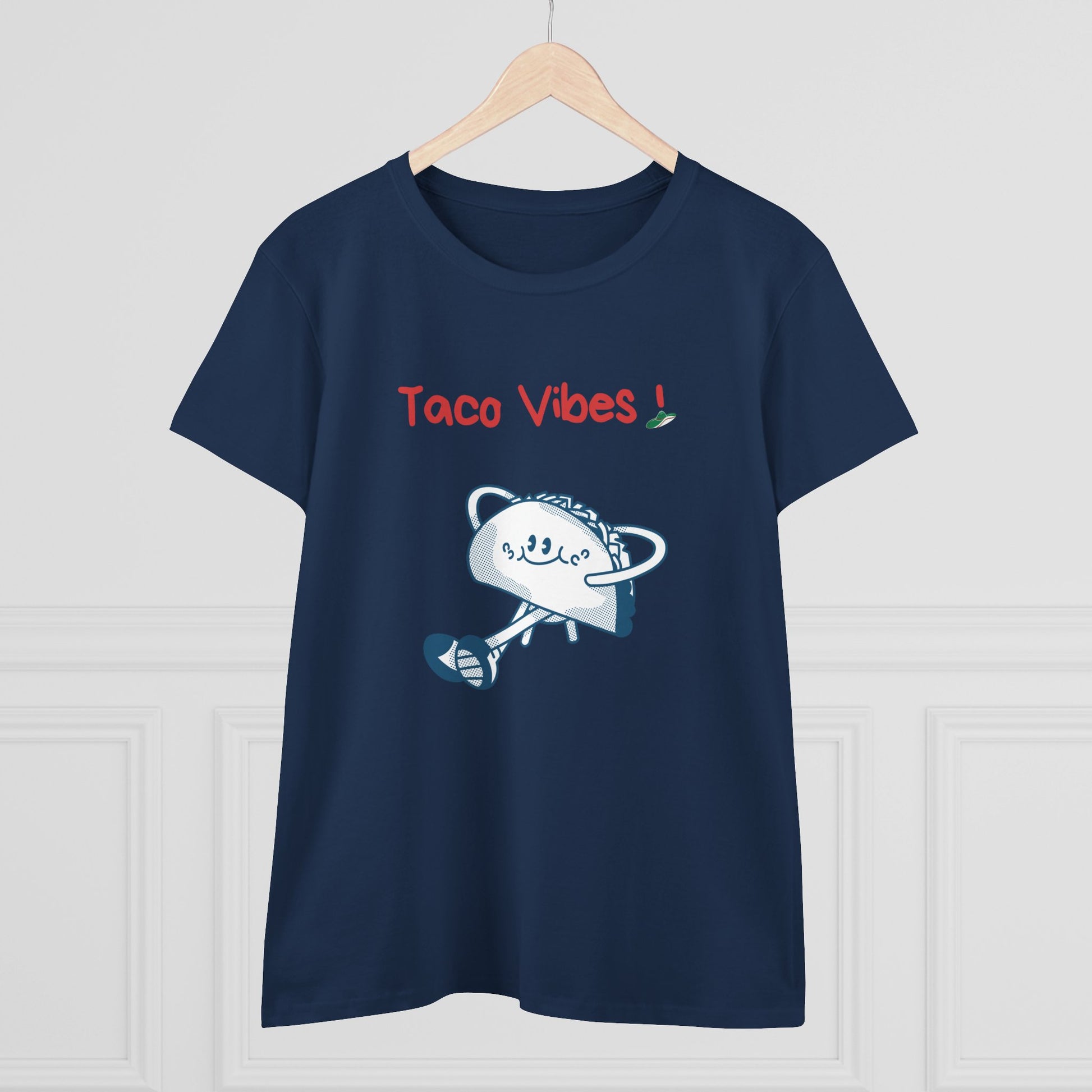 Navy blue taco graphic tee with playful cartoon taco and Taco Vibes text