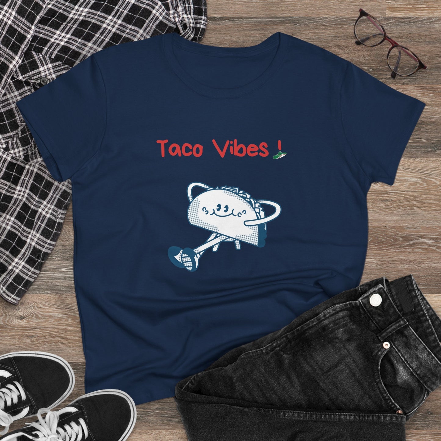 Navy blue taco graphic tee from Printify with a cute dancing taco and red Taco Vibes text