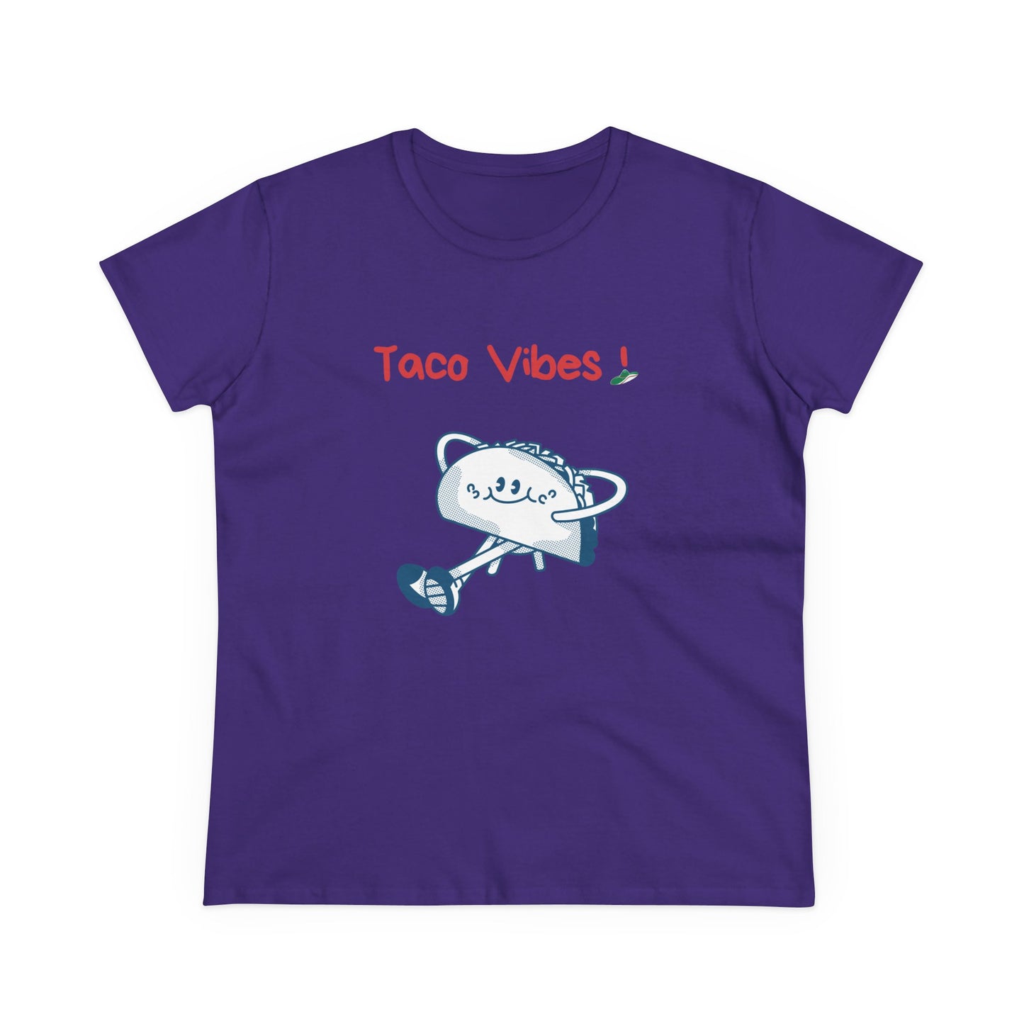 Purple taco graphic tee with a playful taco character and Taco Vibes text on front