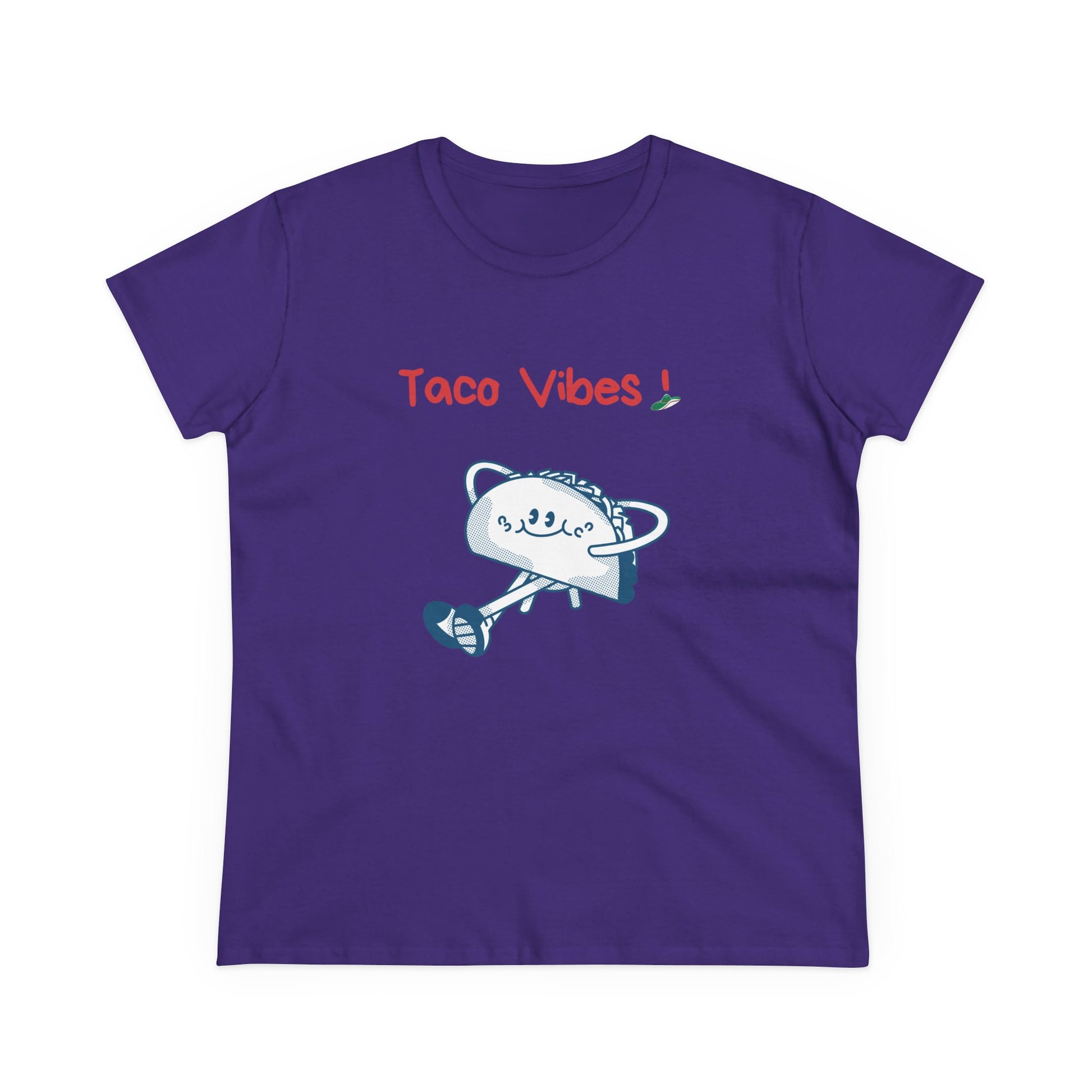 Purple taco graphic tee with a playful taco character and Taco Vibes text on front