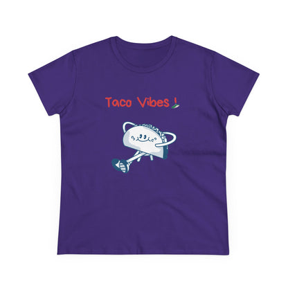 Purple taco graphic tee with a playful taco character and Taco Vibes text on front