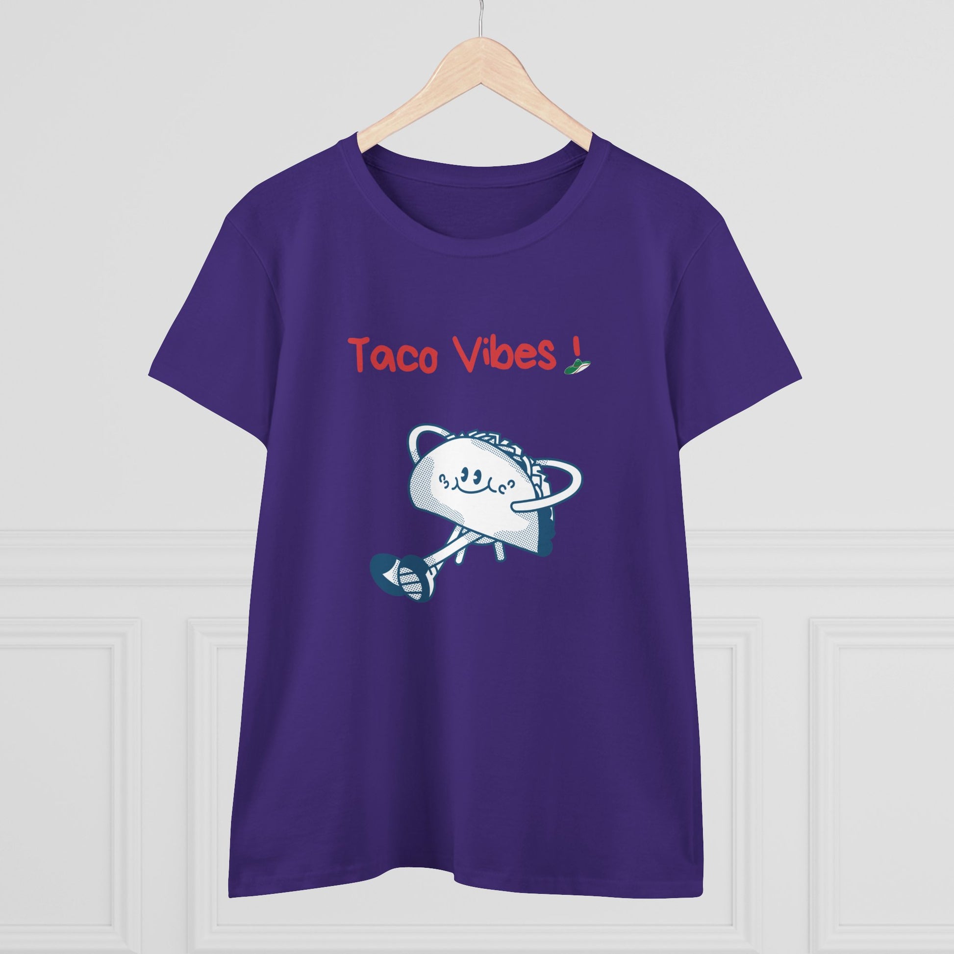 Purple taco graphic tee with cute dancing taco and red Taco Vibes text by Printify