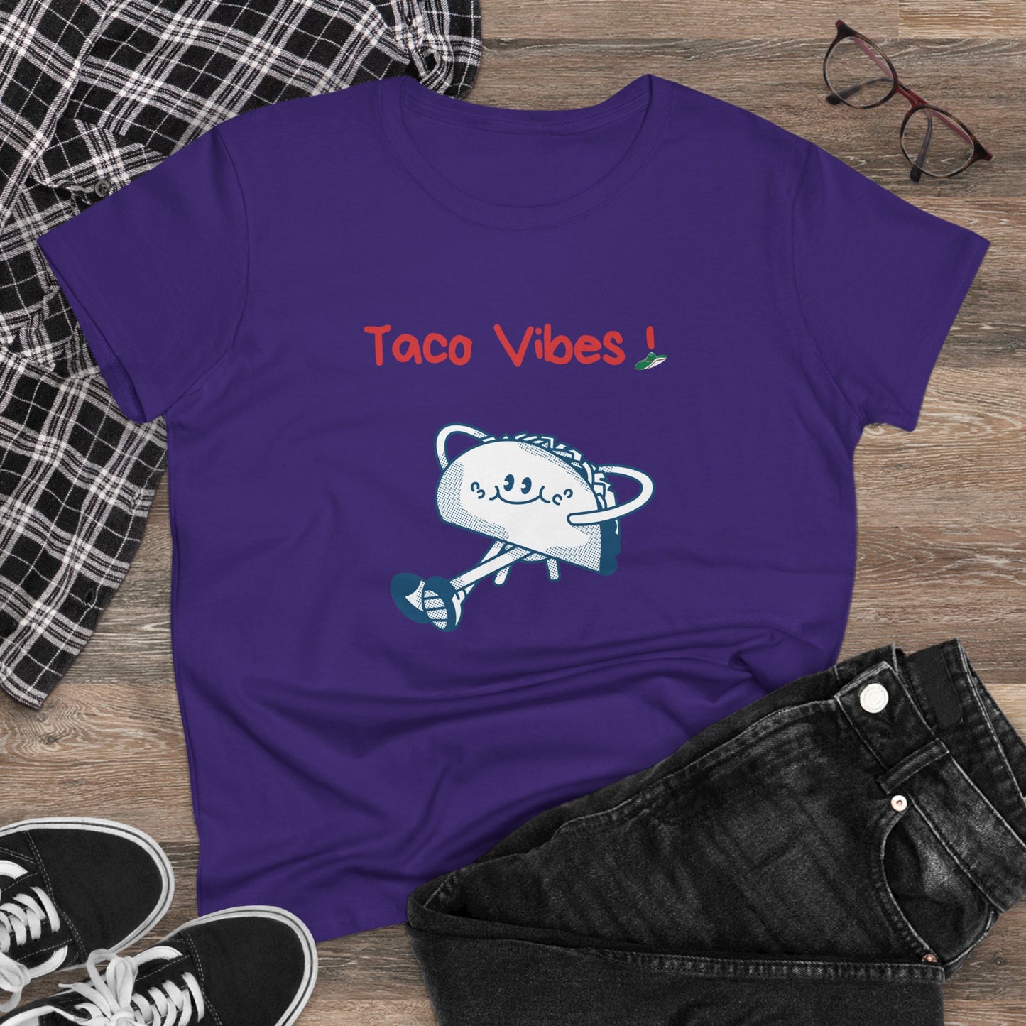 Purple Printify taco graphic tee with cartoon dancing taco and Taco Vibes text