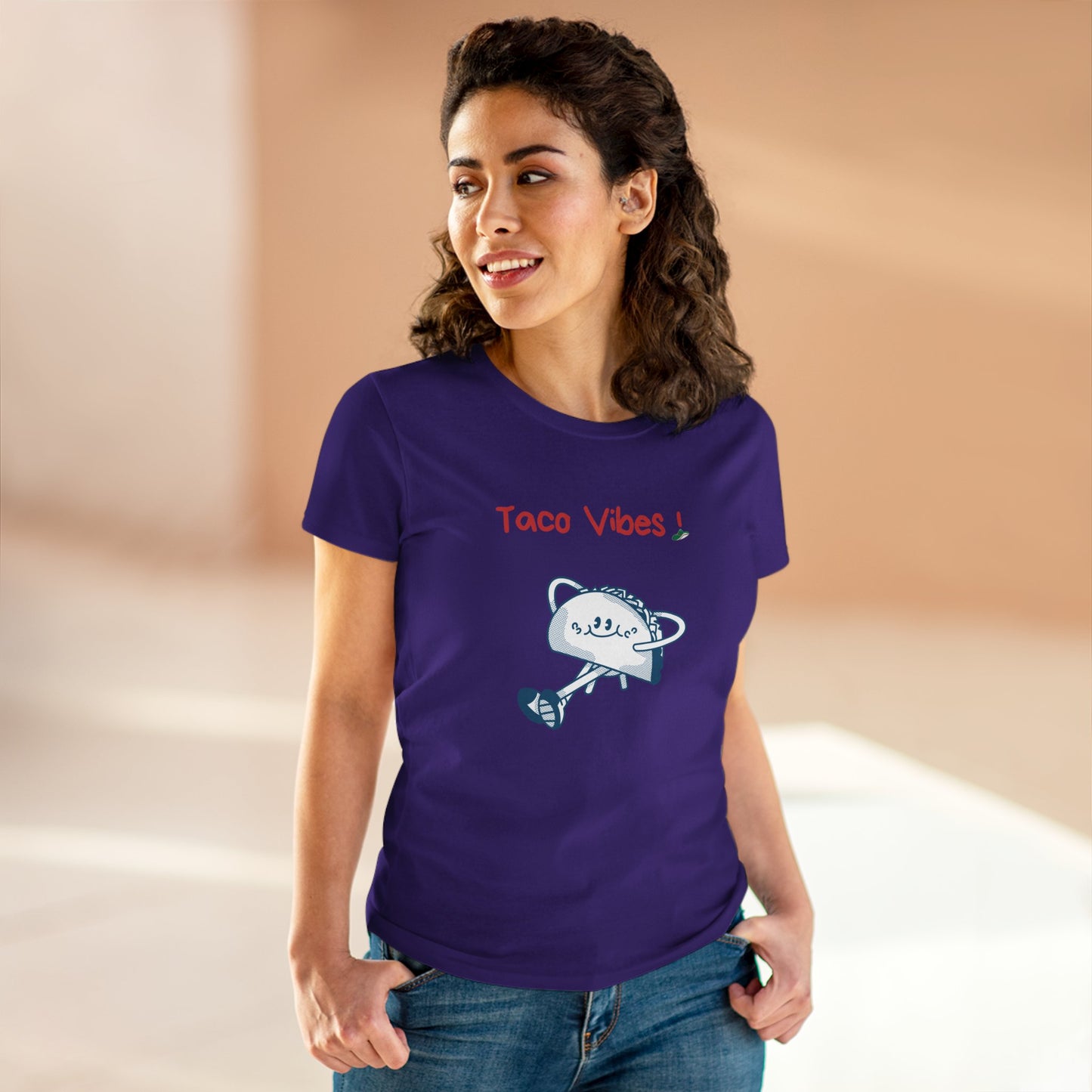 Printify purple taco graphic tee with cartoon taco and Taco Vibes text worn by smiling woman