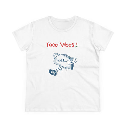 White Printify taco graphic tee with Taco Vibes text and dancing taco illustration