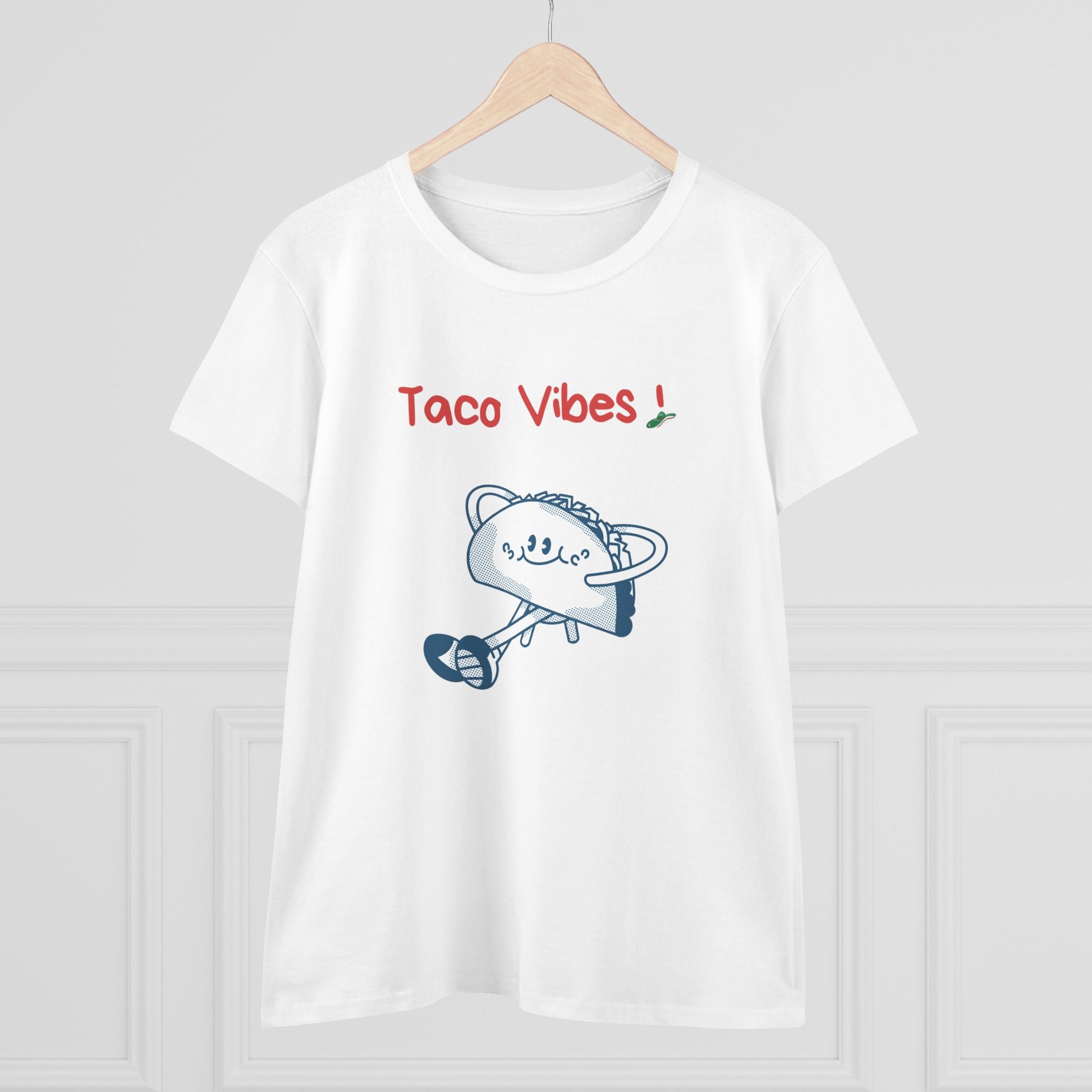 White Printify taco graphic tee with taco cat illustration and red Taco Vibes text