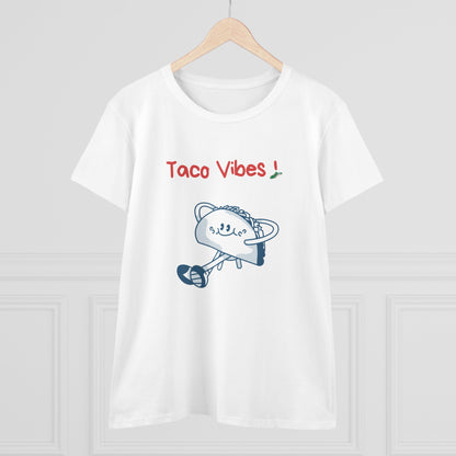 White Printify taco graphic tee with taco cat illustration and red Taco Vibes text