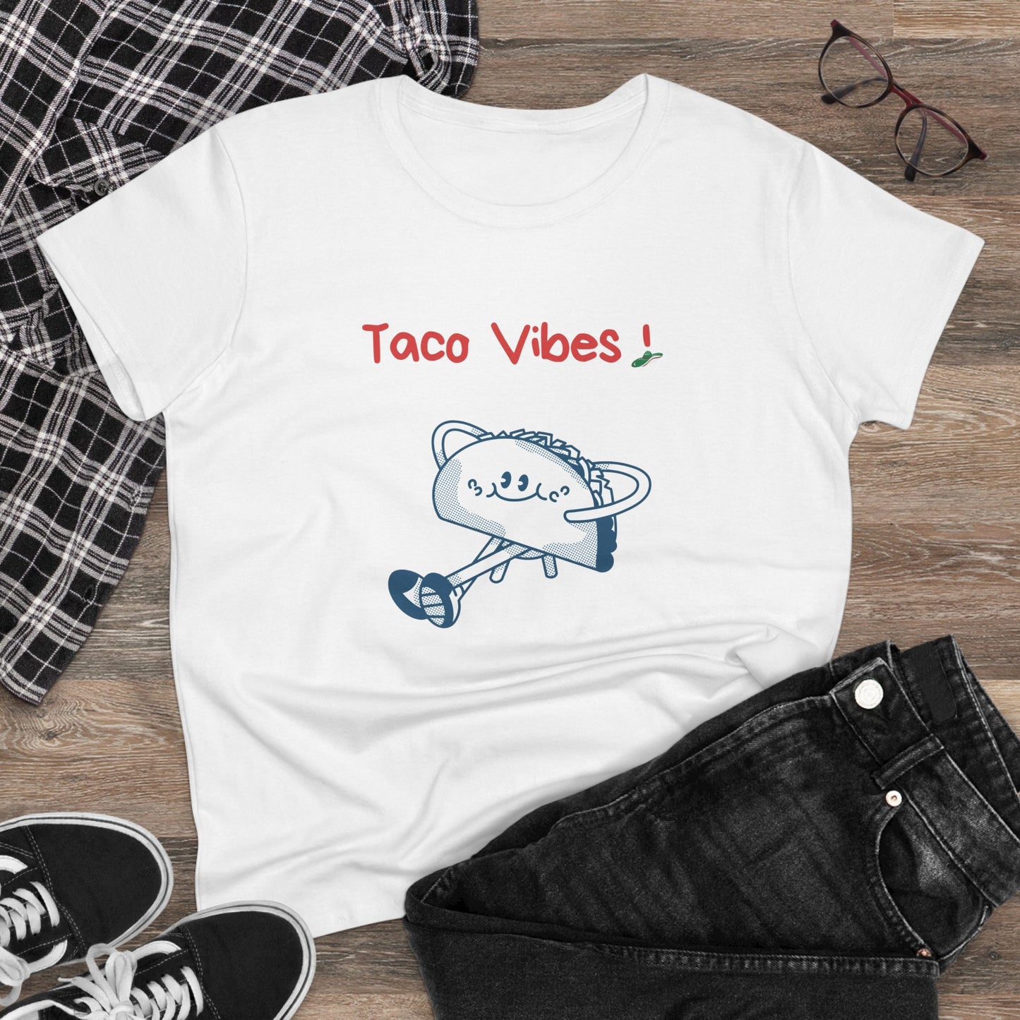 White taco graphic tee by Printify featuring a cartoon taco with text Taco Vibes and casual outfit