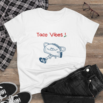 White taco graphic tee by Printify featuring a cartoon taco with text Taco Vibes and casual outfit
