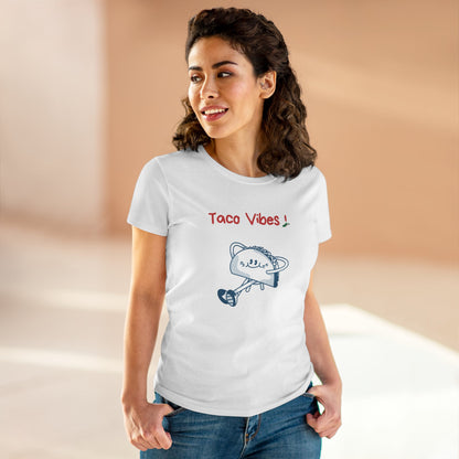 Printify white taco graphic tee with cute taco illustration and Taco Vibes text worn by woman