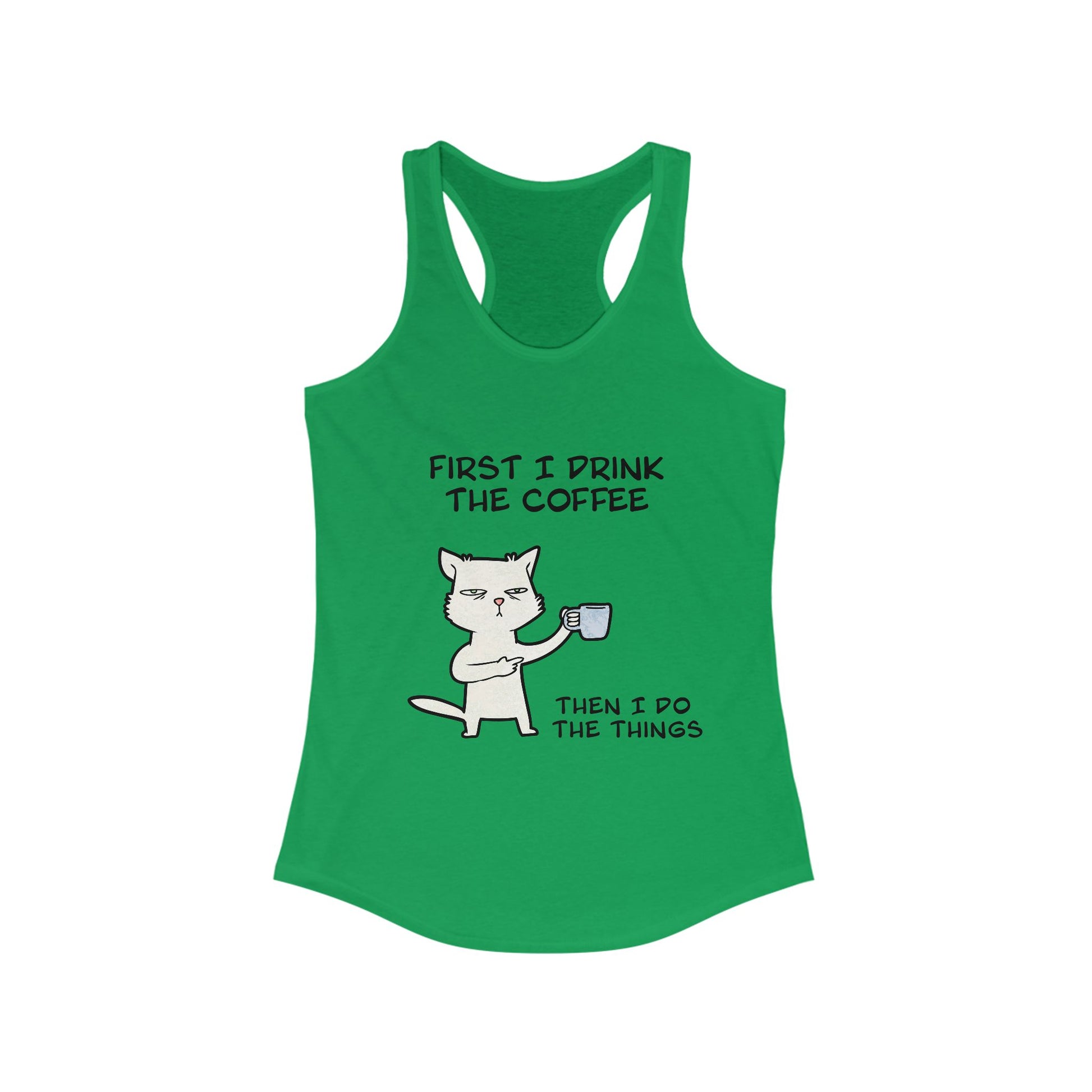 Green tank top for women with funny cat coffee quote graphic from Printify