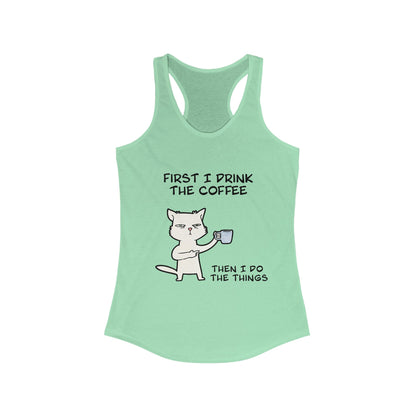 Mint green Printify tank top for women with a cat drinking coffee and humorous text design