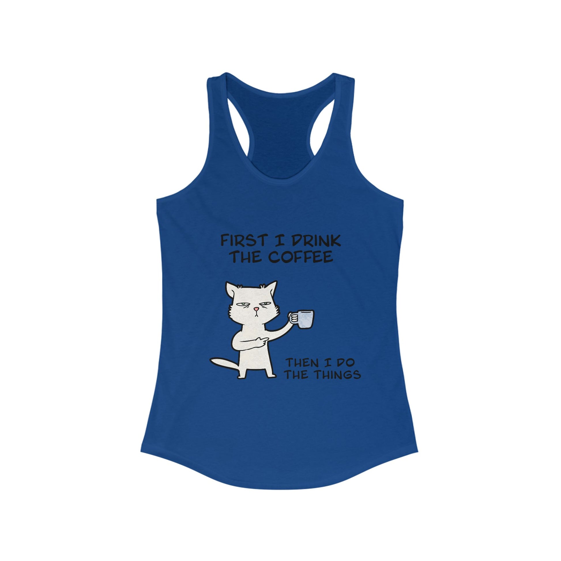 Blue Printify tank top for women with a cat graphic and coffee drinking quote