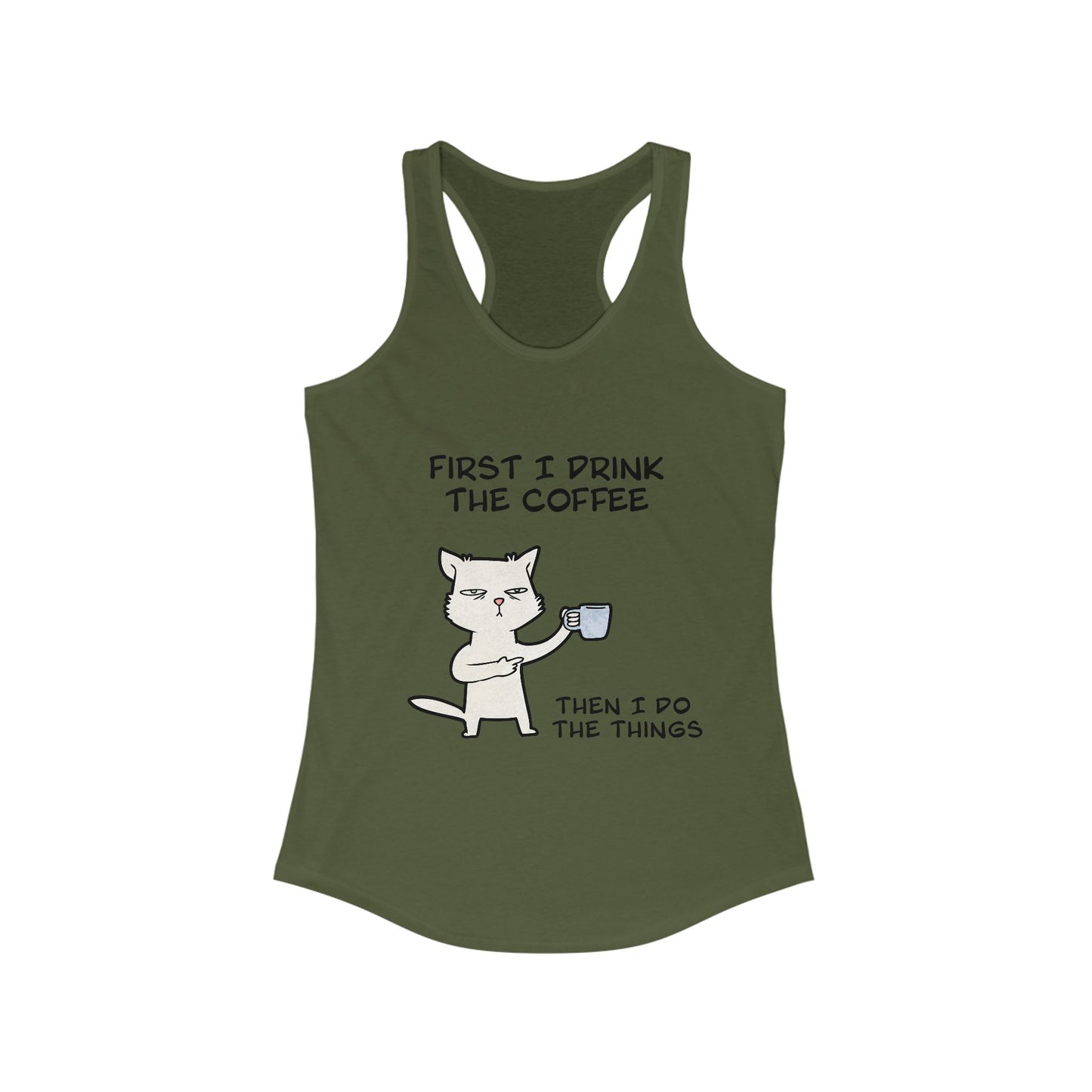 Printify olive green tank top with cat coffee graphic and funny text tank tops for women