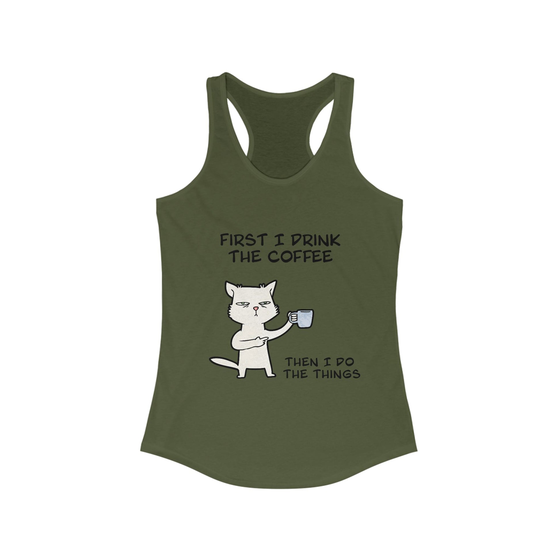 Printify olive green tank top with cat coffee graphic and funny text tank tops for women