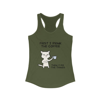 Printify olive green tank top with cat coffee graphic and funny text tank tops for women